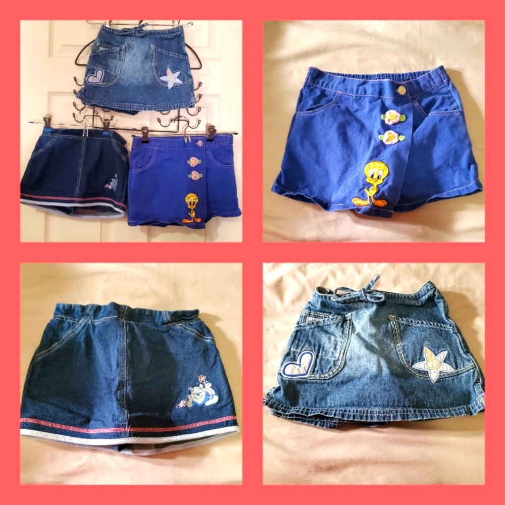 ** VINTAGE ** 3pc Jean skort set size 4T POOH/LOONEY TUNES/GASOLINE